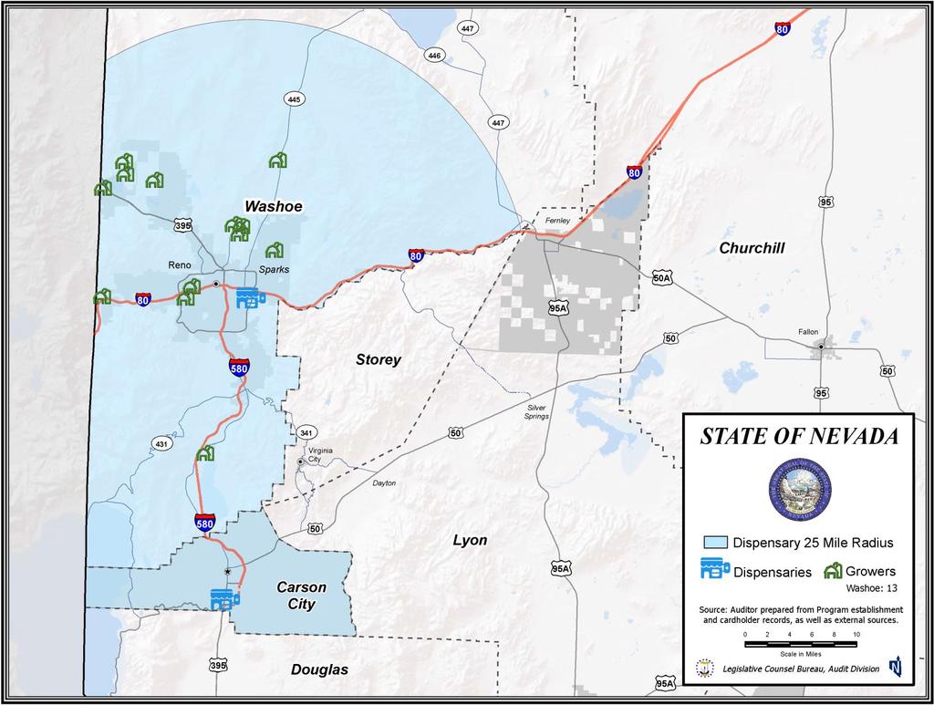 LA18-07 Appendix D Cardholders Not Meeting 25-Mile Qualification to Grow Northern Nevada Note: The map shows the 13 cardholders the Program should not have approved to grow marijuana, between April