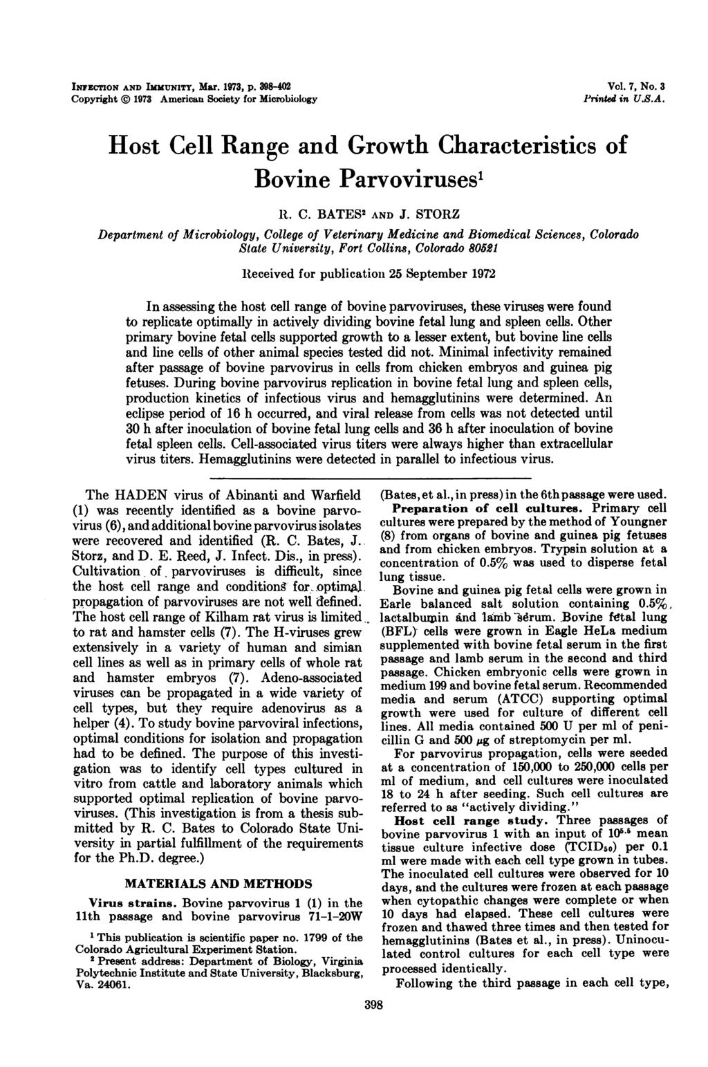 INFECTION AND IMMUNITY, Mar. 1973, p. 398-4 Copyright 1973 Americau Society for Microbiology Vol. 7, No. 3 Printed in U.S.A. Host Cell Range and Growth Characteristics of Bovine Parvoviruses' R. C. BATES' AND J.
