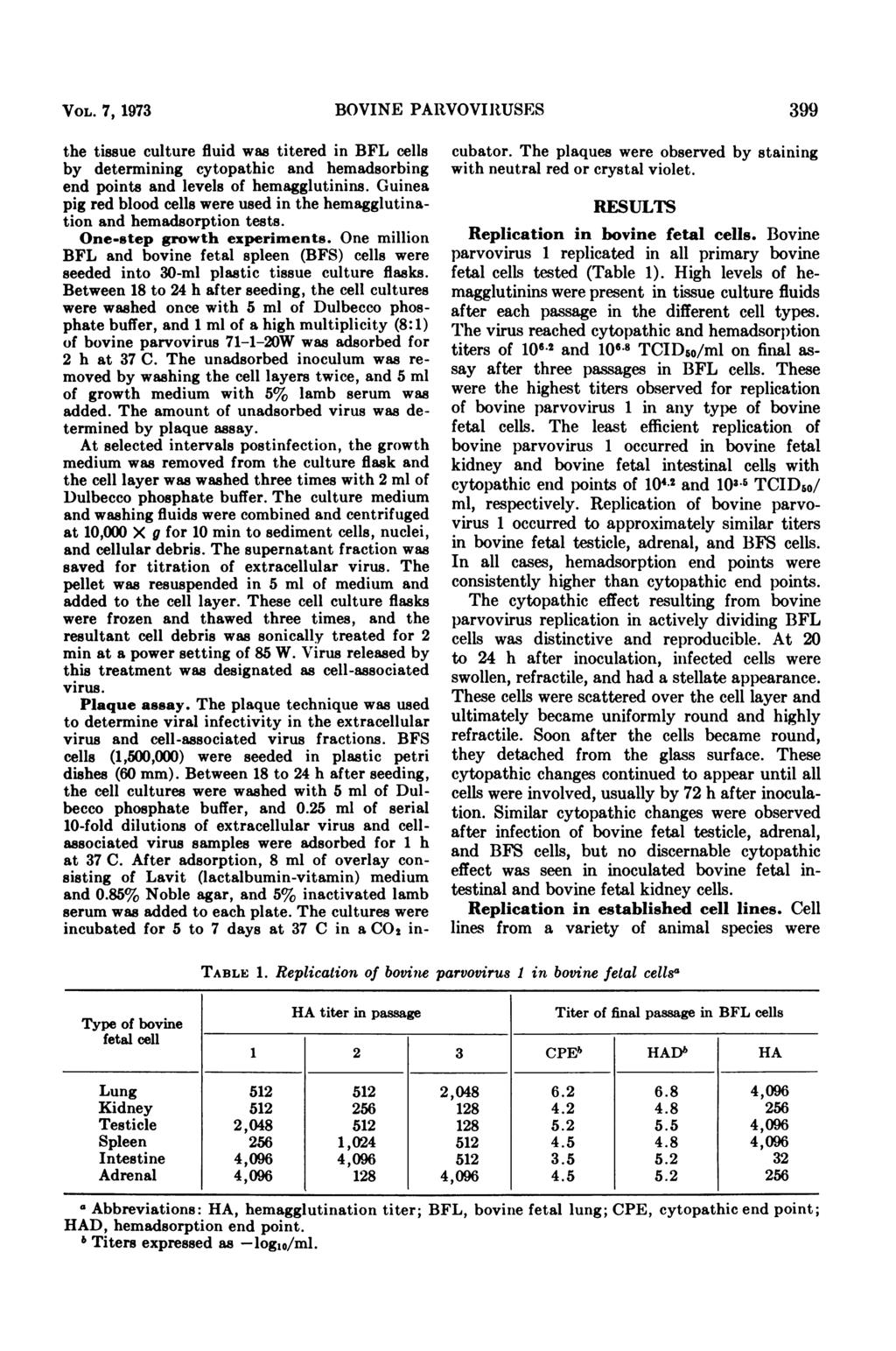 VOL. 7, 1973 BOVINE PARVOVIRUSES 399 Type of bovine fetal cell the tissue culture fluid was titered in BFL cells by determining cytopathic and hemadsorbing end points and levels of hemagglutinins.