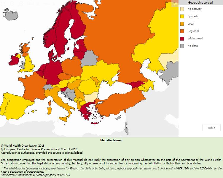Fig. 2. Geographic spread in the European Region, week 13/2018 For interactive maps of influenza intensity and geographic spread, please see the Flu News Europe website.