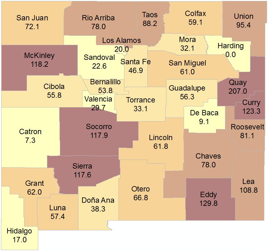 Asthma Emergency Department Visits Child (-14 years of age) Asthma ED Visit Rates by County Among children aged -14, county-level asthma ED rates from 21-212 also indicate that counties in
