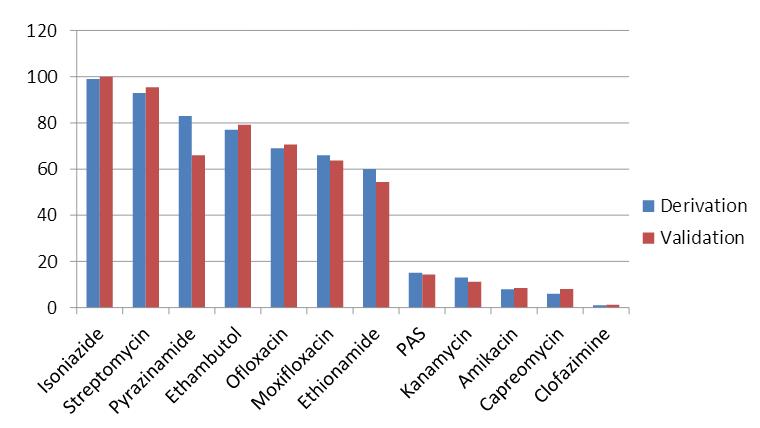 Proportion of strains R to each drug in Derivation &