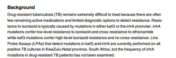 Gene / mutation Isoniazid Ethionamide katg /S315T alone Avoid INH Ethionamide inha