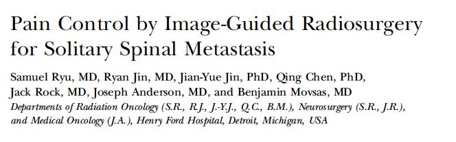 49 patients with 61 separate spinal metastases were treated with radiosurgery Dose ranged from 10-16 Gy, single fraction PTV = involved spinal