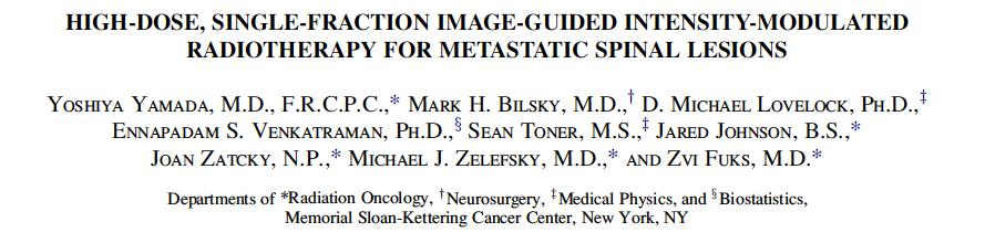103 spinal metastases in 93 pts without high-grade epidural spinal cord compression were treated with image-guided intensity-modulated RT to doses of 18-24 Gy (median, 24 Gy) in