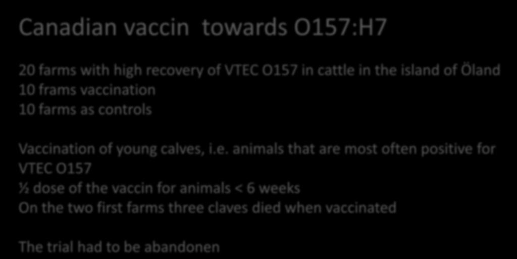 Canadian vaccin towards O157:H7 20 farms with high recovery of VTEC O157 in cattle in the island of Öland 10 frams vaccination 10 farms as controls Some of the knowledge gaps: Vaccination of young
