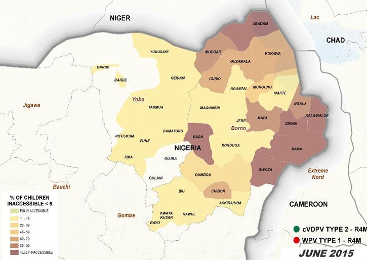 environmental surveillance being reported from 38 sites in 11 states 250-300,000 children in Borno State being missed due to insecurity; >60% of all