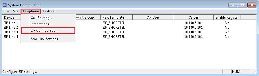 Select PBX Settings, for the parameter PBX IP or DNS enter the IP Address of the ShoreTel Proxy switch (defined earlier in the ShoreTel Connect Director under Administration