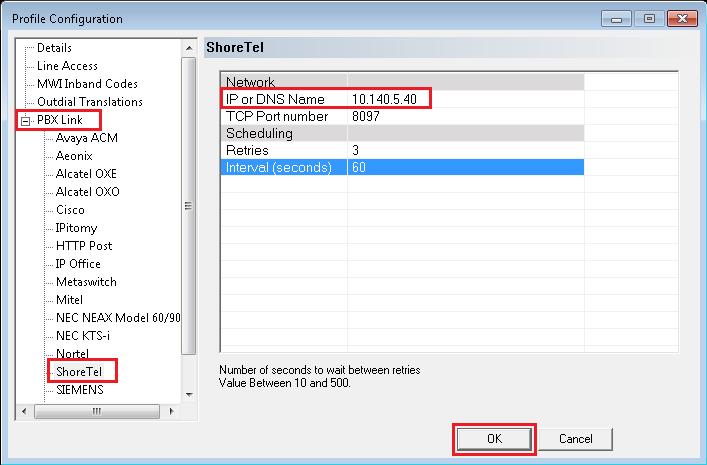 3. The Profile Configuration dialog will be displayed. 4. Click and expand the category PBX Link, and select ShoreTel.