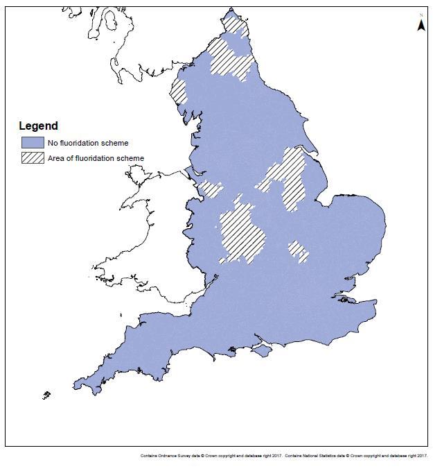 Figure 8. Areas with fluoridation scheme operating at any time during 2005-2015, England.