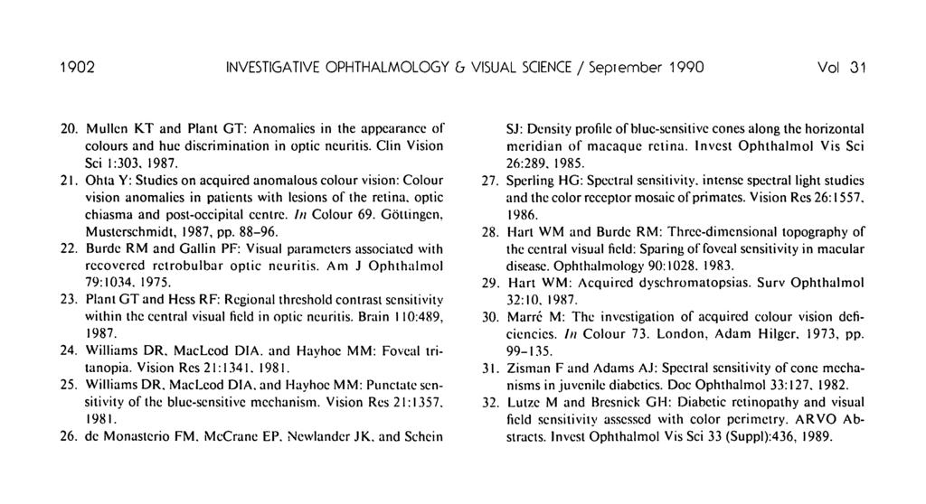 1902 INVESTIGATIVE OPHTHALMOLOGY b VISUAL SCIENCE / September 1990 Vol 31 20. Mullen KT and Plant GT: Anomalies in the appearance of colours and hue discrimination in optic neuritis.
