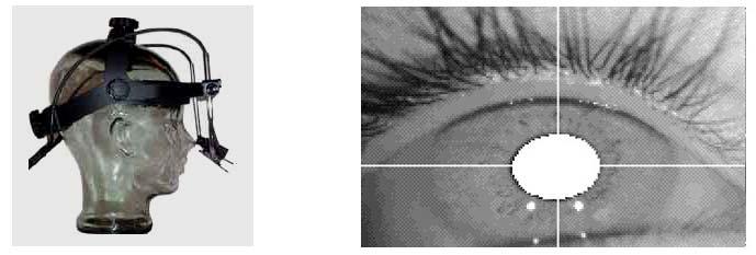 Figure 1: Left panel: The headset of the EyeLink-II system; Right panel: Camera image of a participant s left eye with the pupil area recognized by the system (white) In order to reduce the noise in