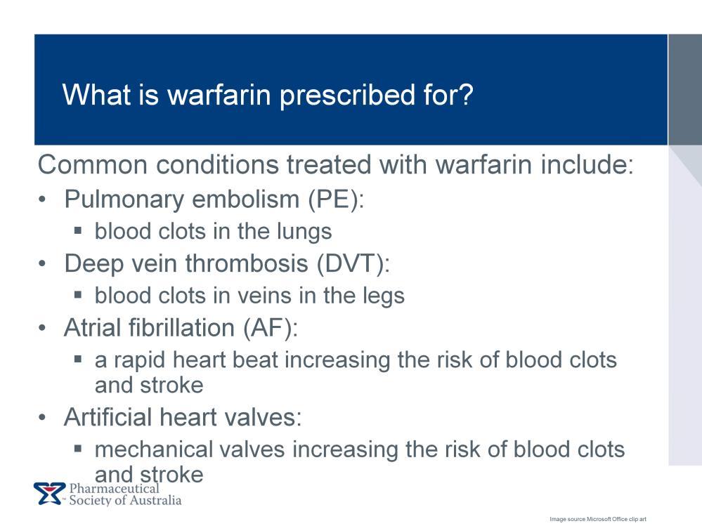 Warfarin has a variety of clinical indications. These are summarised on this slide. Reference: 1. WA Medication Safety Group. Living with warfarin; Information for Patients. [Online]. 2007.