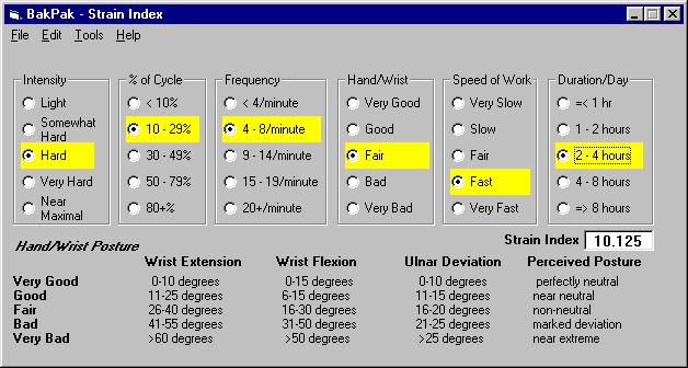 Strain Index Module Adapted from Moore and Garg (1995) Inputs For each category (Intensity, % of Cycle, Frequency, Hand/Wrist Posture, Speed of Work, Duration during the day) click on the appropriate