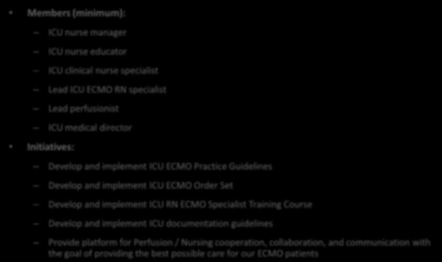 implement ICU RN ECMO Specialist Training Course Develop and implement ICU documentation guidelines Provide platform for