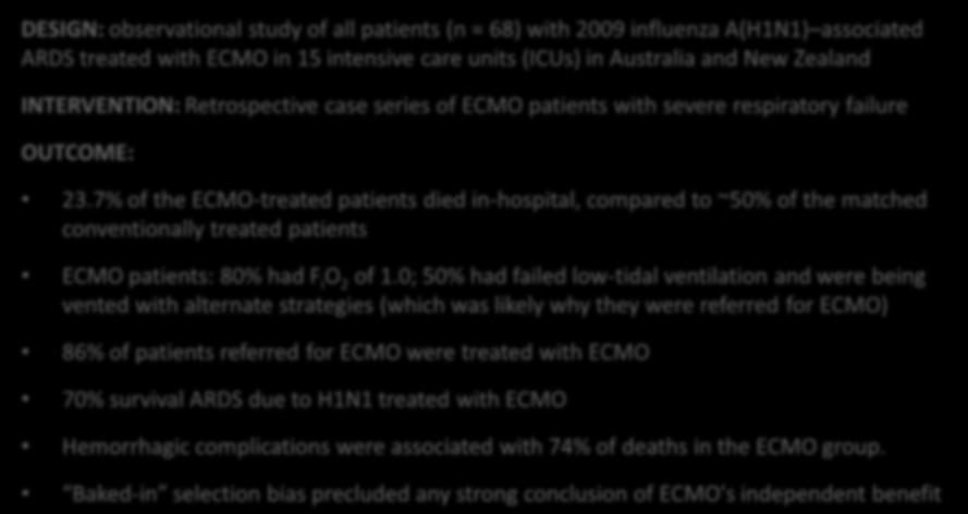 Lancet 2009, 374:1351-1363 DESIGN: first contemporary randomized controlled trial of ECMO referral for respiratory failure in adults compared to conventional supportive critical care INTERVENTION: