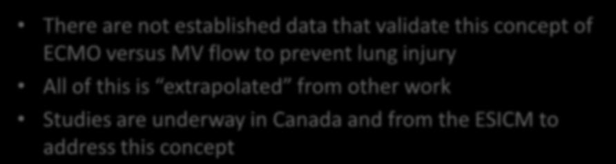 Today s reality There are not established data that validate this concept of ECMO versus MV flow to prevent lung injury All of this is extrapolated from other work Studies are underway in Canada and