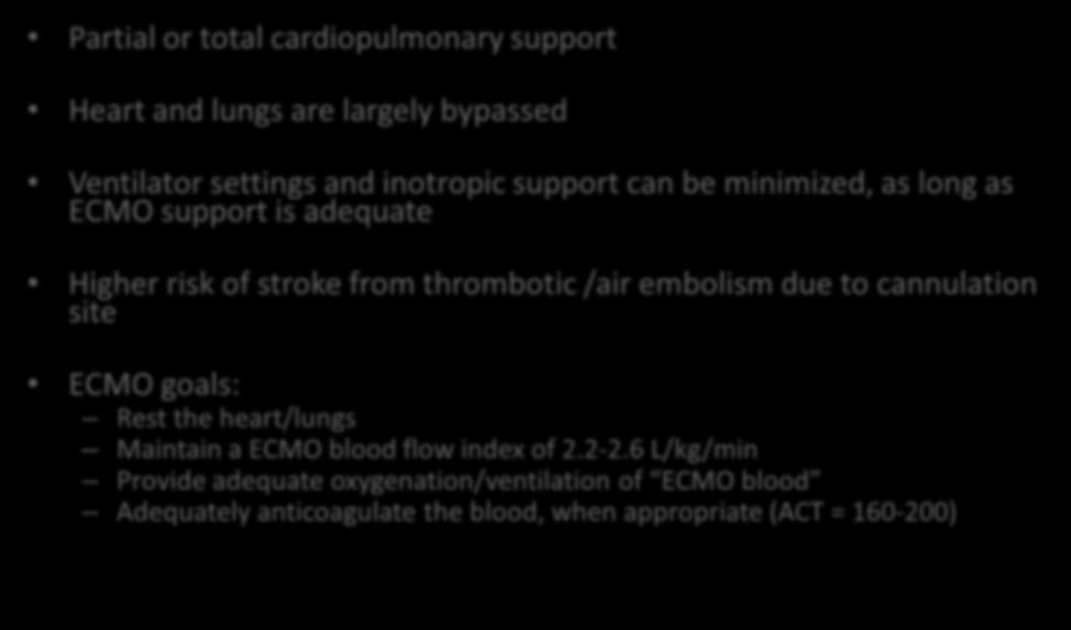 Veno-Arterial ECMO Partial or total cardiopulmonary support Heart and