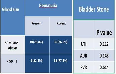 Bladder calculus incidence correlated significantly with Prostate Volume (p = 0.026) rather than, recurrent UTI, AUR and PVR. Comparison of hematuria and gland size was insignificant (p =0.888).