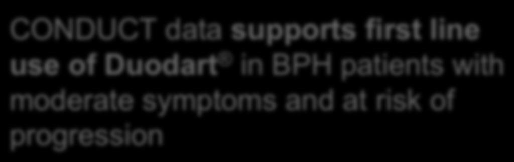 CONDUCT results: summary 1,2 CONDUCT Study Supports first line use CONDUCT data supports first line use of Duodart in BPH patients with moderate symptoms and at risk of progression 1.