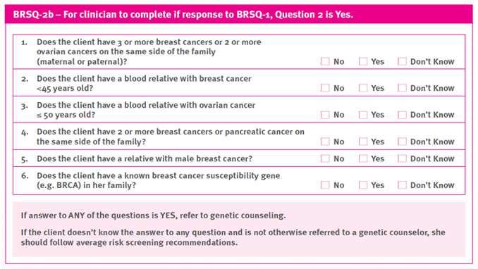 Has a blood relative had breast or ovarian cancer? 1. If answer to both questions are No, recommend average risk screening 2. If answer to Q.A is yes, ask f/u questions 2.A. 3. If answer to Q.B is yes, ask f/u questions 2.