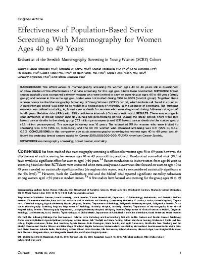 Effectiveness of Population-Based Service Screening With Mammography for Women Ages 40 to 49 Years Contemporaneous comparison of breast cancer
