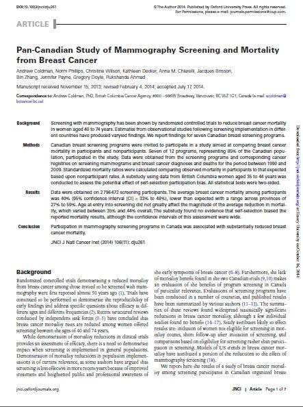 Pan-Canadian Study of Mammography Screening Comparison of breast cancer screening among exposed (2.