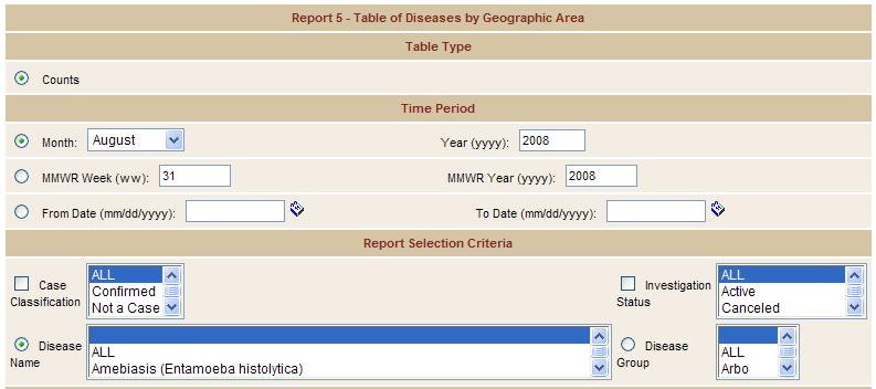 6.4.5 Disease by Geographic Area The "Disease by Geographic Area" report displays a table of