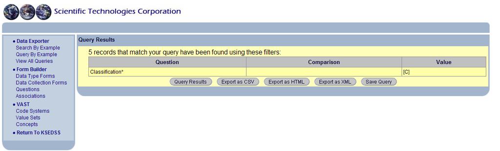9.2.4 Query Results The system displays the case counts that match the search criteria and allows you to export the results either as CSV, HTML or XML format (See Fig.9.11).