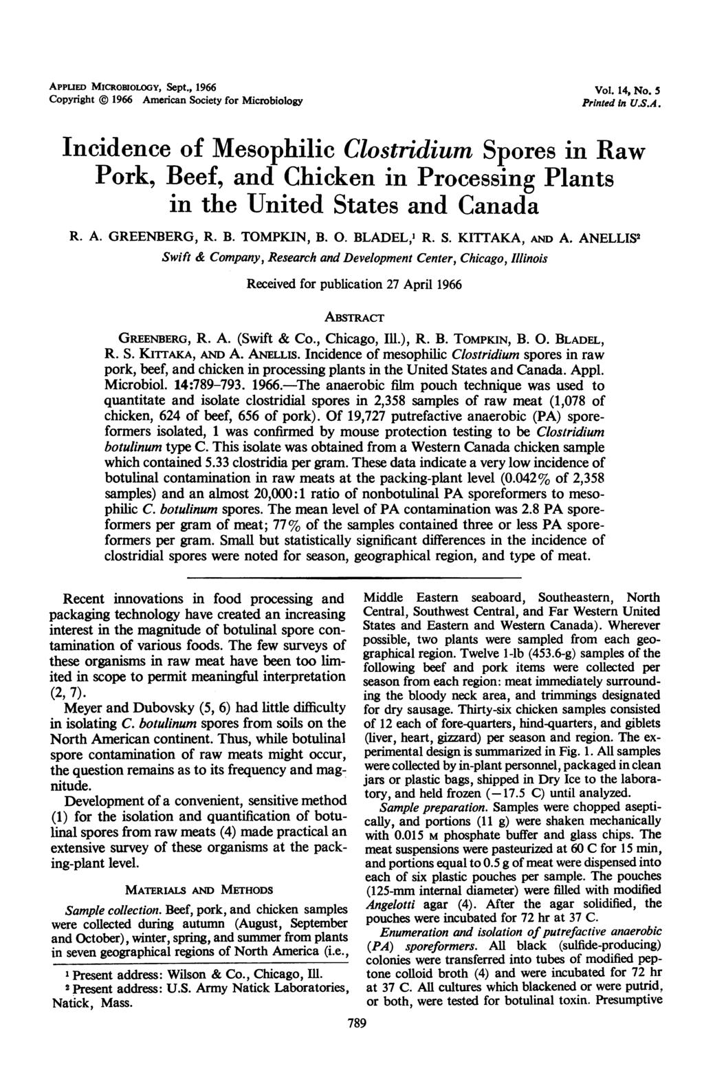 APPuED MICROBIOLOGY, Sept., 1966 Copyright @ 1966 American Society for Microbiology Vol. 14, No. 5 Printed In U.S.A. Incidence of Mesophilic Clostridium Spores in Raw Pork, Beef, and Chicken in Processing Plants in the United States and Canada R.