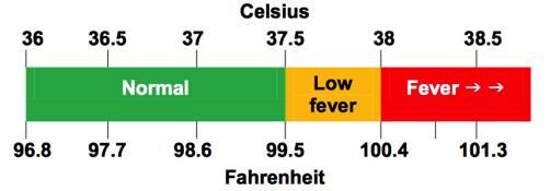 What temperature indicates a fever? Look at the photo below. The green section indicates normal body temperature. Normal Temperature = 36 to 37.5 o C If your temperature is higher than 37.