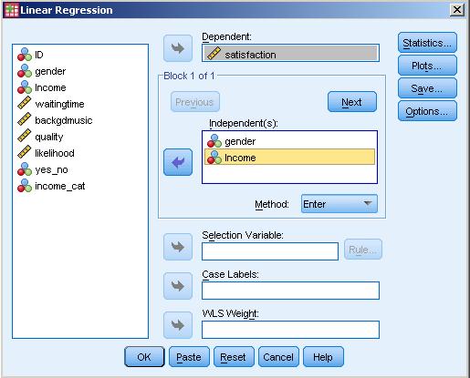 Figure 6.2 Linear Regression Dialogue Box (1) 2. Then click on the button marked Next.