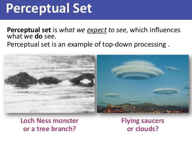 PERCEPTUAL SET Perceptual set is a tendency to perceive or notice some aspects of the available sensory data and ignore others.
