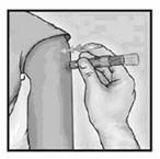 Place the thumb and middle finger on the finger pads on the syringe. Ensure that the index finger remains free. Do not place any fingers on the windows of the syringe. 1 2.
