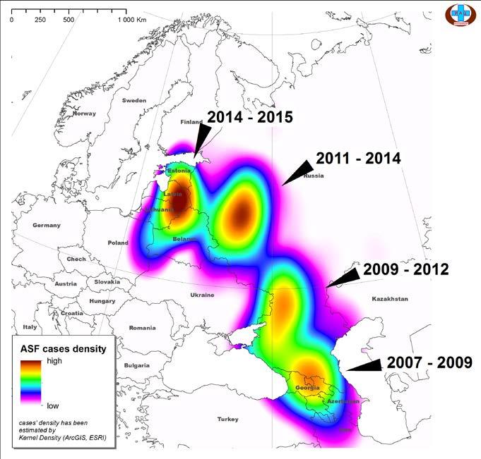 An example of Kernel Density tool application ASF outbreaks in Eastern Europe (2007 2015) were used to