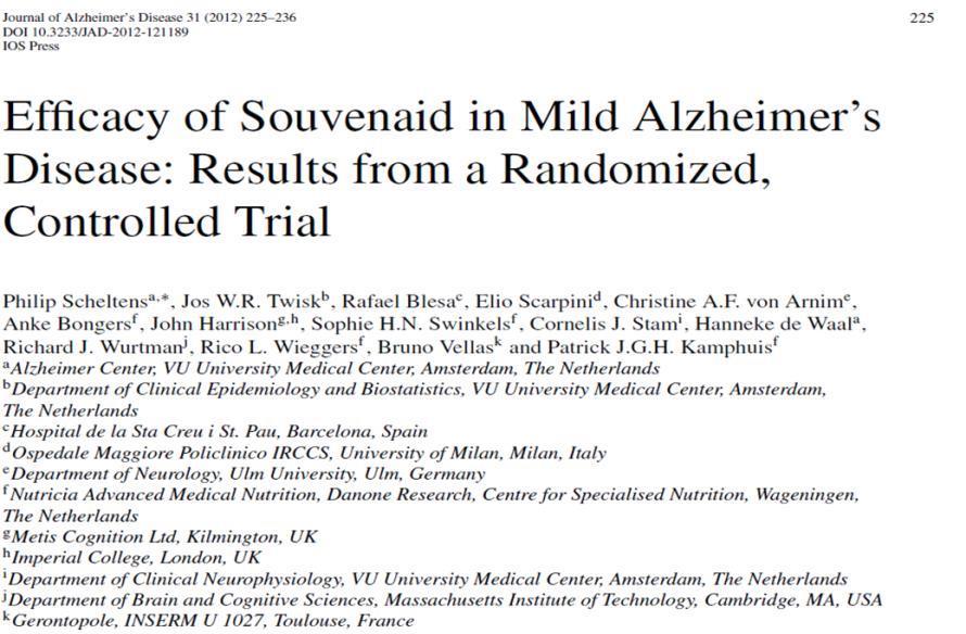 Mean change from baseline in NTB Memory domain z-score 2011- SOUVENIR II: SOUVENAID IMPROVES MEMORY IN PATIENTS WITH MILD AD Significant*