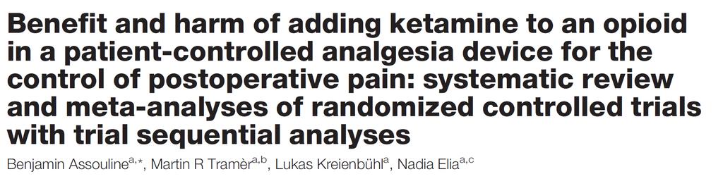 Pain 2016 19 RCTs included with KET added to morphine pain by 32% and morphine consumption by 28% at 24 h PONV by