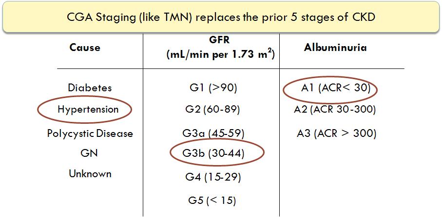 Problems with Old Staging Stages 1 and 2 were the same Stage 3 (30-60) was too broad; egfr of 30-45 is very different from 45-60 Did not address levels of albuminuria; and only used albuminuria for