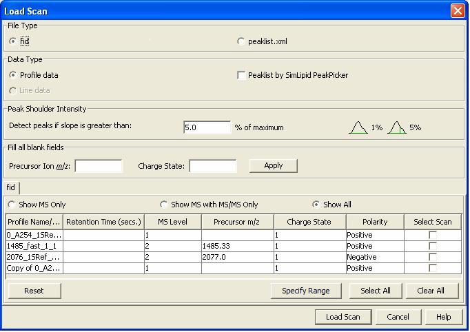 SimLipid 3.5 7 1. Choose File>Open Peak List Data> Bruker Daltonics or click from the tool bar for FID file. 2. Browse to the Bruker Data File (FID) and click Open. Load Scan dialog launches. 3. If FID file is selected, specify File Type, Data Type and Peak Shoulder Intensity.