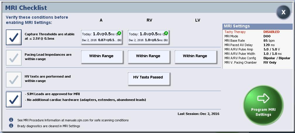 Figure 5. An example of the MRI Checklist screen for CRT-Ds on the Merlin PCS 1.