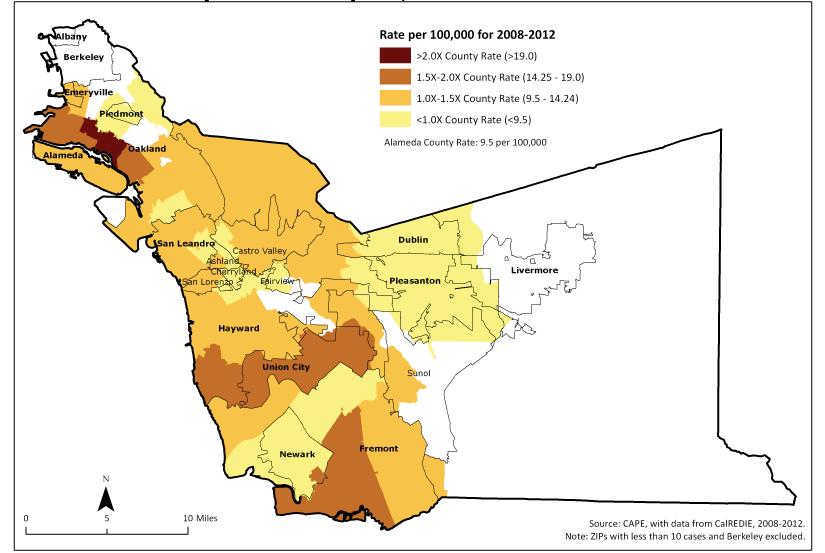 Figure 7. Alameda County TB Rates by ZIP, 28-212 In the 12 months prior to their TB diagnosis, five (3.7%) of the 212 cases had used alcohol excessively, four (2.