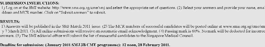 Singapore Med J 20; 52() 8 SINGAPORE MEDICAL COUNCIL CATEGORY 3B CME PROGRAMME Multiple Choice Questions (Code SMJ 200A) Question What is the cause of chest pain in the patients who are presented?