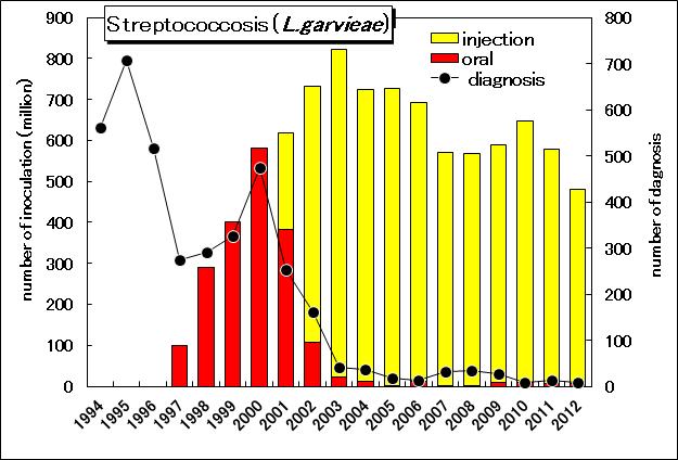 The number of the vaccinated yellowtails and the number of the cases diagnosed as Streptococosis