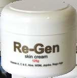 Re-Gen Skin Cream A combination of regu-age, ostrich oil, Vitamin A, Vitamin E, Vitamin C, Aloe gel and MSM - which treats the appearance of blemishes and penetrates the deep tissues of the skin to