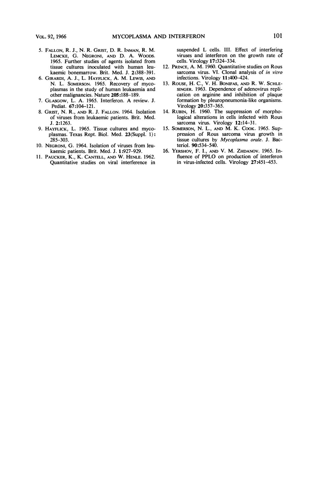 VOL. 92, 1966 MYCOPLASMA AND NTERFERON 101 5. FALLON, R. J., N. R. GRJST, D. R. NMAN, R. M. LEMCKE, G. NEGRON, AND D. A. WoODS. 1965.