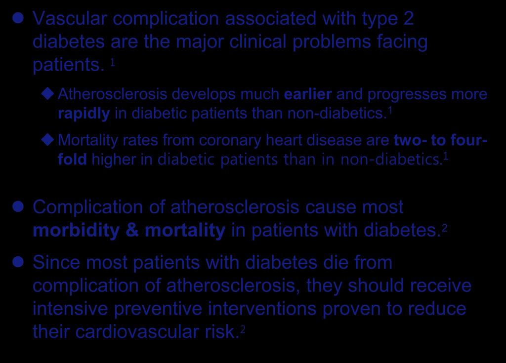 Atherosclerosis & the Diabetic Patient Vascular complication associated with type 2 diabetes are the major clinical problems facing patients.