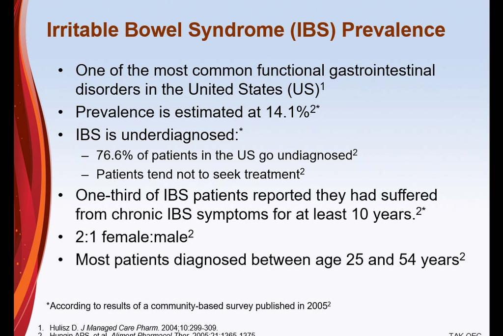 Objectives Recognize that IBS is a symptom based diagnosis and its prevalence, impact on society and impact on quality