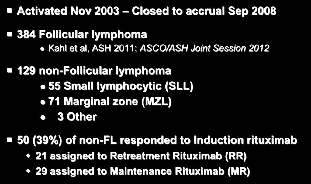 E4402 (RESORT) Results Activated Nov 2003 Closed to accrual Sep 2008 384 Follicular lymphoma Kahl et al, ASH 2011; ASCO/ASH Joint Session 2012 129 non-follicular lymphoma 55 Small