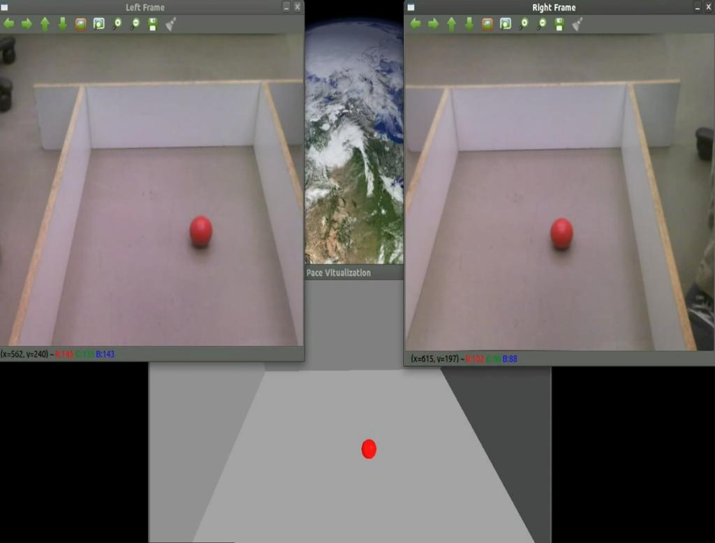 Figure 4. A ball is rolled between two boards. Left and right images are at top. The virtual world is at bottom.