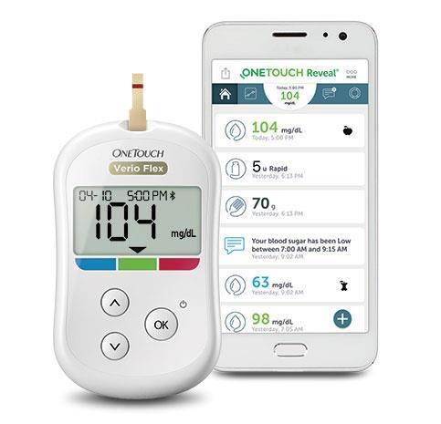 LIFESCAN VERIO FLEX Can log insulin, carbohydrates, and glucose levels Color coded glucose levels- blue, green, red Sync